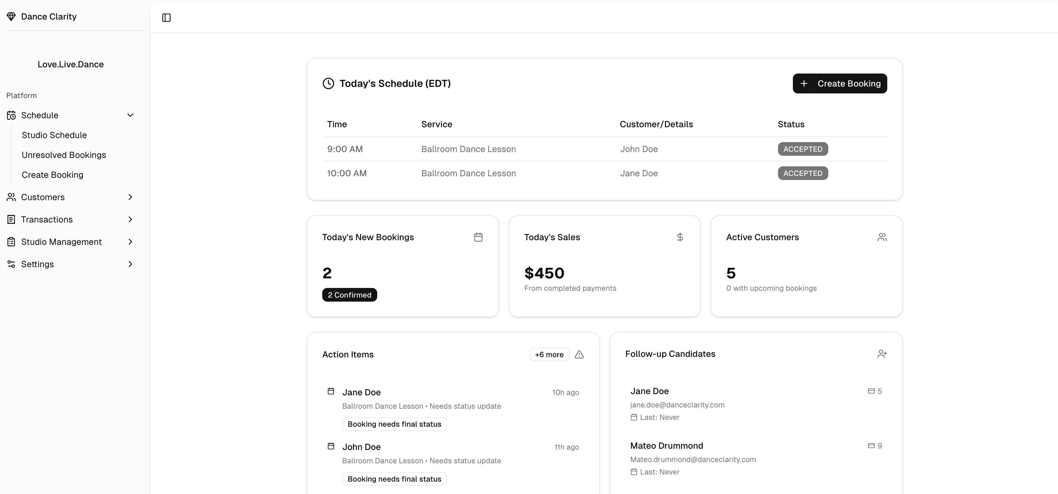 Dance Clarity dashboard preview showcasing bookings and revenue insights