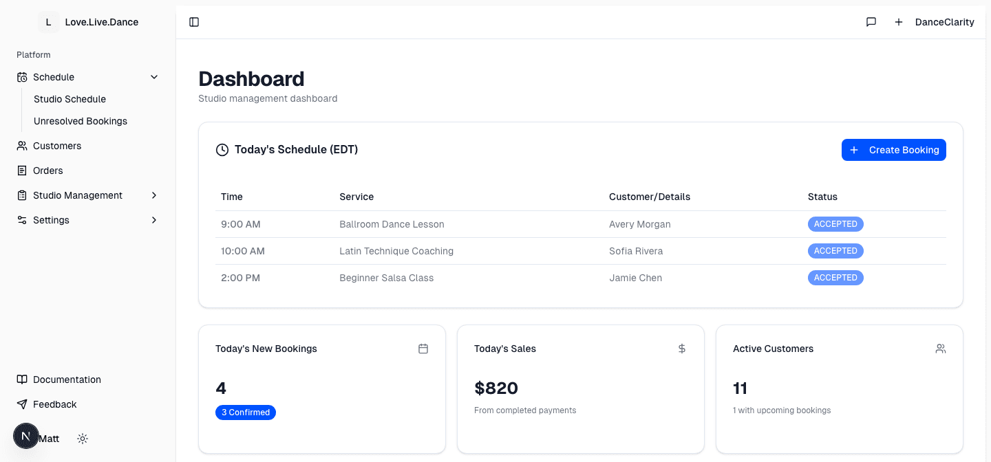 DanceClarity dashboard showing schedule, bookings, action items, and follow-up candidates